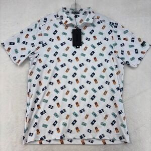 Bad Birdie Mens XL Beer Can Print Golf Polo Shirt White Performance Short Sleeve